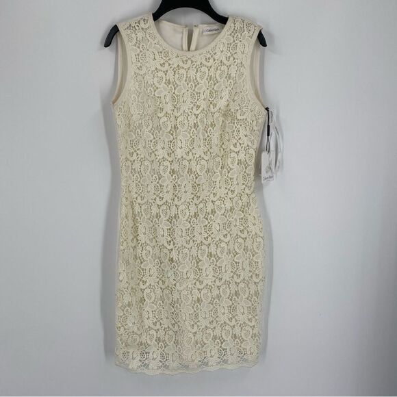 Calvin Klein Women’s Lined Lace Mini Sleeveless High Neck Cream Dress size 4P - Picture 1 of 5